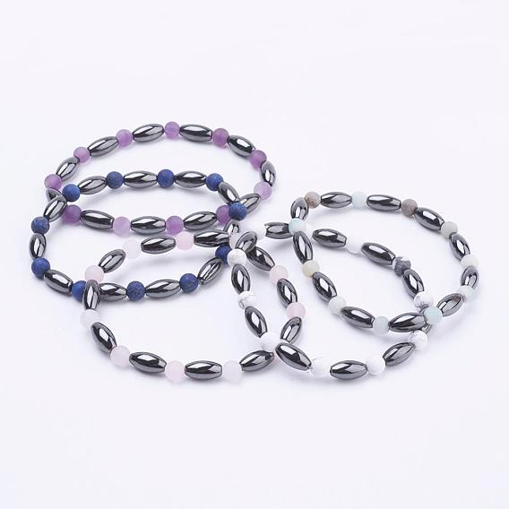 Non-Magnetic Synthetic Hematite Beads Stretch Bracelets, with Frosted Natural Gemstone Beads