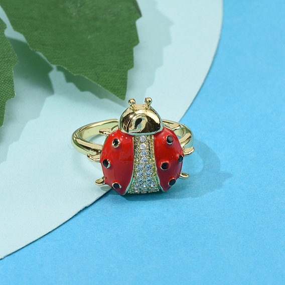 Открытые манжеты из латуни с микропаве и прозрачным фианитом, без кадмия и без свинца, с эмалью, божья коровка, реальный 16 k позолоченный