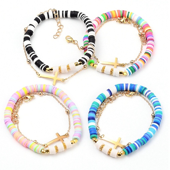 Stretch Bracelets & Sideways Cross Links Bracelets Set, Stackable Bracelets, with Handmade Polymer Clay Beads, Brass Cable Chains and 201 Stainless Steel Links