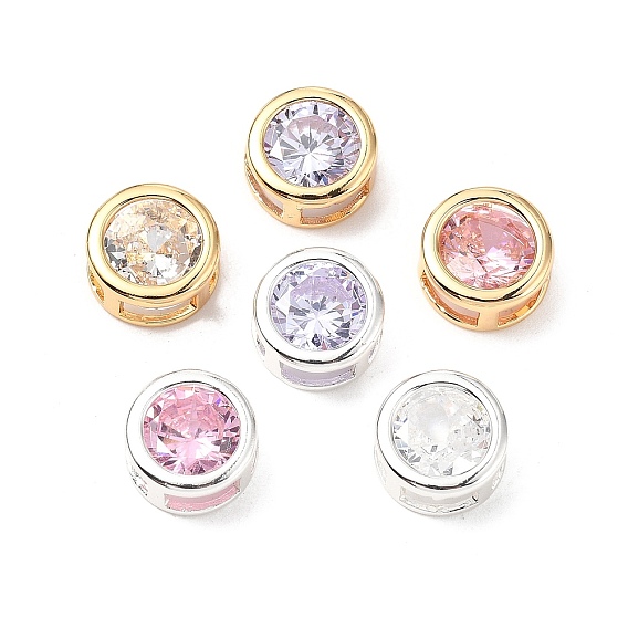 Латунные микро проложить кубического циркония бусы, без кадмия, без никеля и без свинца, плоско-круглые, настоящее 18k позолоченное/925 посеребренное