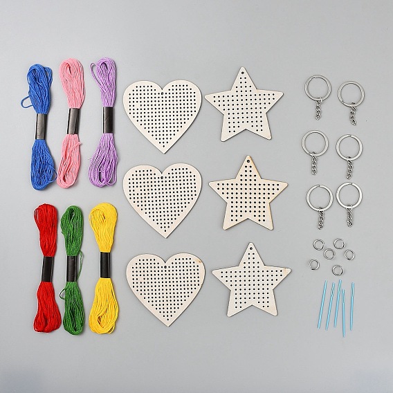 Набор для начинающих по вышивке деревянного брелока-сердца в виде звезды, в том числе деревянные подвески, брелок из сплава, нитки и игла для вышивания