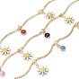 Handmade Brass Curved Bar Link Chains, with Daisy Enamel Charms and Spool, Soldered, Long-Lasting Plated