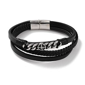 Men's Braided Black PU Leather Cord Multi-Strand Bracelets, 304 Stainless Steel Twisted Chain Bracelets with Magnetic Clasps