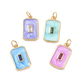 Rectangle Brass Micro Pave Cubic Zirconia Pendants, with Jump Rings and Enamel, Cadmium Free & Nickel Free & Lead Free, Real 18K Gold Plated