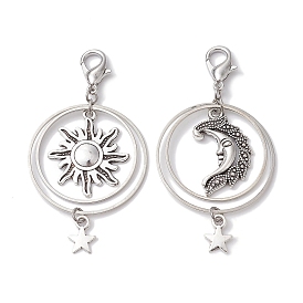 2Pcs Alloy Pendant Decorations, with Zinc Alloy Lobster Claw Clasps, Sun & Moon & Star