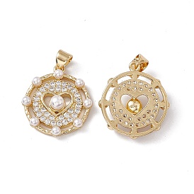 Brass Micro Pave Cubic Zirconia Pendants, with ABS Imitation Pearl, Flat Round with Heart Charm