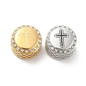 304 Stainless Steel European Beads, with Enamel & Rhinestone, Large Hole Beads, Flat Round with Cross