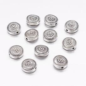 Tibetan Style Alloy Flat Round with Flower Beads, Cadmium Free & Lead Free, 11.5x4.5mm, Hole: 1.5mm, about 520pcs/1000g