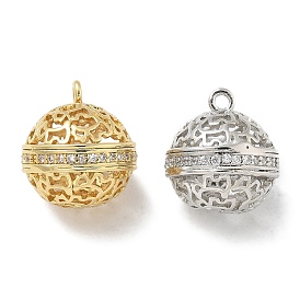 Rack Plating Brass Micro Pave Clear Cubic Zirconia Pendants, Long-Lasting Plated, Lead Free & Cadmium Free, Round Charms