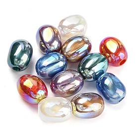 Rainbow Iridescent Plating Acrylic European Beads, Large Hole Beads, Oval