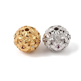 925 Sterling Silver Micro Pave Clear and Deep Pink Cubic Zirconia Beads, Rack Plating, Long-Lasting Plated, Hollow Flower Round Beads
