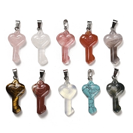 Gemstone Pendants, with Platinum Plated Iron Snap on Bails, Heart Shaped Key Charms