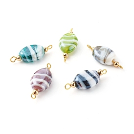 Handmade Lampwork Beads Link, with Golden Iron Eye Pin and Brass Beads, Pearlized, Oval