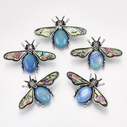 Gemstones Brooches/Pendants, with Rhinestone and Alloy Findings, Abalone Shell/Paua Shelland Resin Bottom, Bee, Antique Silver
