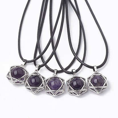 Collares Colgante de amatista natural, Con cordón de cuero y fornitura de latón., para judío, estrella de david