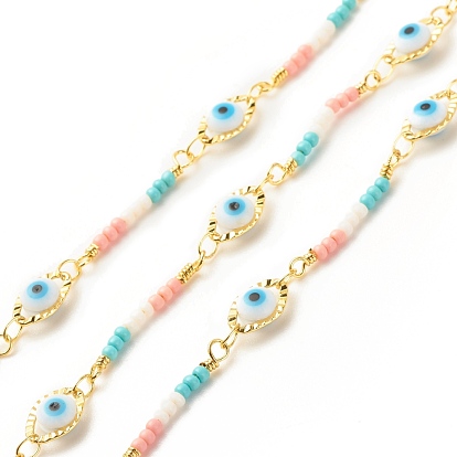 Glass Evil Eye Link Chain, with Brass Findings, Long-Lasting Plated, Soldered, with Spool