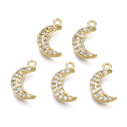 Brass Micro Pave Clear Cubic Zirconia Charms, Nickel Free, Moon