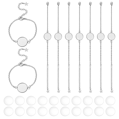 15шт 304 изготовление браслетов из нержавеющей стали, с карабин-лобстерами , кабельные цепи и плоские круглые кабошоны, с 15 стеклянными кабошонами