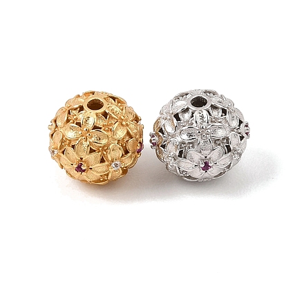 925 Sterling Silver Micro Pave Clear and Deep Pink Cubic Zirconia Beads, Rack Plating, Long-Lasting Plated, Hollow Flower Round Beads