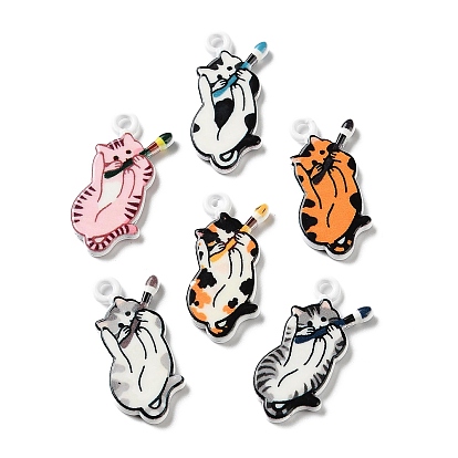 Printed Alloy Pendants, Cat Shape with Paintbrush Charms