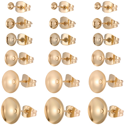 48Pcs 6 Styles Brass Stud Earring Findings, Flat Round, with Cabochon Settings, Cadmium Free & Nickel Free & Lead Free, Long-Lasting Plated