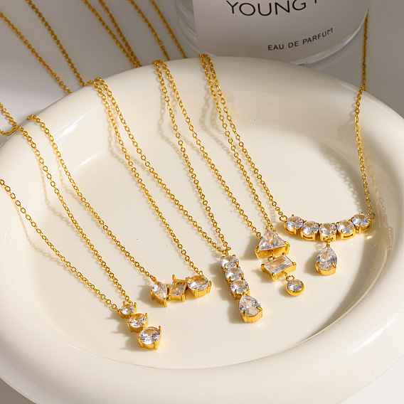 304 Colliers pendentifs en acier inoxydable sertis de zirconiums cubiques transparents pour femmes, or