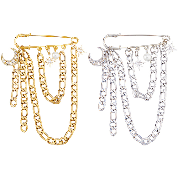 2 шт. 2 стили подвески в виде луны и звезд, броши из сплава со стразами, с акриловым жемчугом и 304 цепочками Фигаро из нержавеющей стали