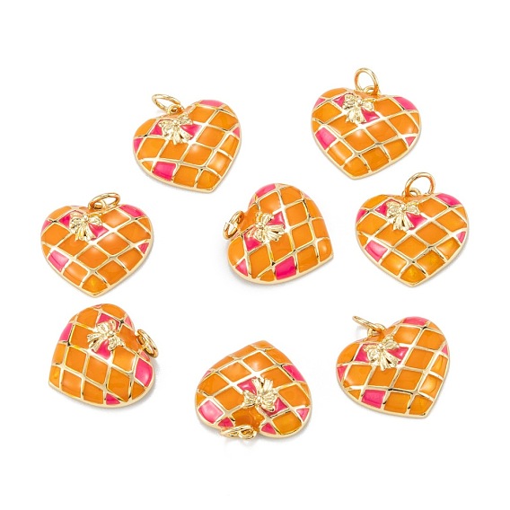 Латунь эмаль подвески, с прыжковых колец, долговечный, сердце с сеткой и бантом, оранжево-красный