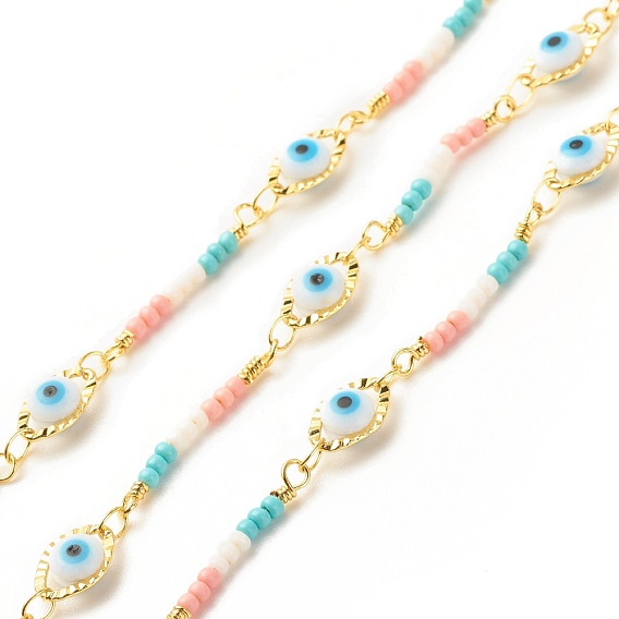 Glass Evil Eye Link Chain, with Brass Findings, Long-Lasting Plated, Soldered, with Spool