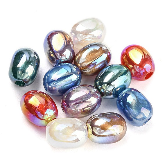 Rainbow Iridescent Plating Acrylic European Beads, Large Hole Beads, Oval