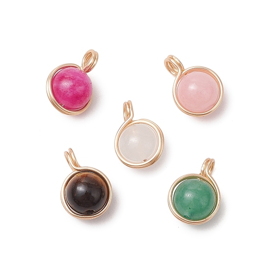 Круглые подвески из натурального машанского нефрита, натурального малайзийского нефрита, натурального тигрового глаза, натурального зеленого авантюрина и натурального кварца, обмотанные медной проволокой, смешанные окрашенные и неокрашенные, разноцветные