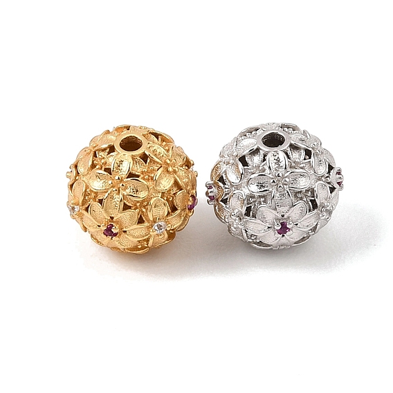 925 Perles de zircone cubique en argent sterling micro-pavé, transparentes et rose foncé, crémaillère plaquage, plaqué longue durée, perles rondes en forme de fleur creuse