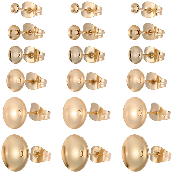48Pcs 6 Styles Brass Stud Earring Findings, Flat Round, with Cabochon Settings, Cadmium Free & Nickel Free & Lead Free, Long-Lasting Plated
