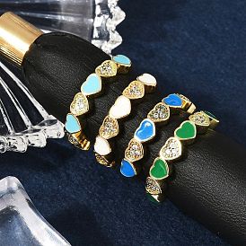 Кольца-манжеты из латуни с микропаве из прозрачного кубического циркония и эмалью для женщин, без кадмия, без никеля и без свинца, сердце, реальный 18 k позолоченный