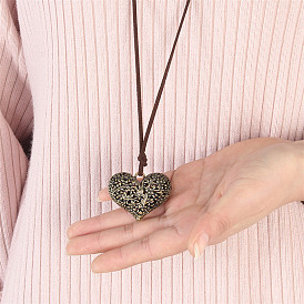 Сплав полые цветы сердце кулон искусственная кожа шнур длинные ожерелья для женщин, седло коричневый