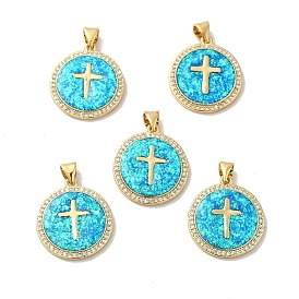 Rack Plating Brass Micro Pave Cubic Zirconia with Synthetic Opal Pendants, with Jump Ring, Lead Free & Cadmium Free, Long-Lasting Plated, Flat Round with Cross