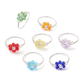 7Pcs 7 Styles Flower Glass Beads Finger Rings, Copper Wire Wrapped Ring for Women