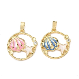 Плоская круглая подвеска в форме ракушки с микропаве из латуни с прозрачными кубическими цирконами, оправа для кабошонов, с эмалью, реальный 18 k позолоченный