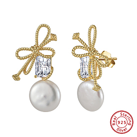 925 Sterling Silver Bowknot Stud Earrings, Natural Pearl & Cubic Zirconia Drop Earrings, with S925 Stamp