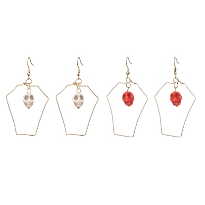 Halloween Skull Synthetic Dyed Turquoise & Copper Wire Dangle Earrings for Women