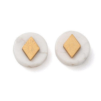 Perlas naturales howlite, plano redondo con 304 rombo de acero inoxidable, dorado