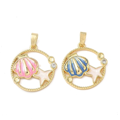 Плоская круглая подвеска в форме ракушки с микропаве из латуни с прозрачными кубическими цирконами, оправа для кабошонов, с эмалью, реальный 18 k позолоченный