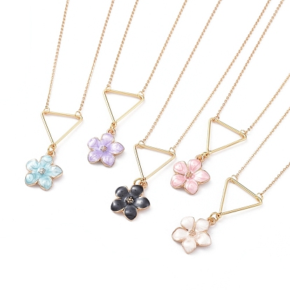 Flower Zinc Alloy Pendant Necklaces, with Enamel, Brass Triangle Pendants, Cable Chain and Lobster Claw Clasps