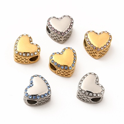 304 Stainless Steel European Beads, Large Hole Beads, with Rhinestone, Heart