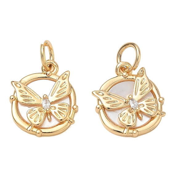 Brass Micro Pave Clear Cubic Zirconia Pendants, with White Shell, Flat Round with Butterfly Charms