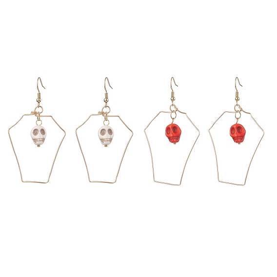 Halloween Skull Synthetic Dyed Turquoise & Copper Wire Dangle Earrings for Women