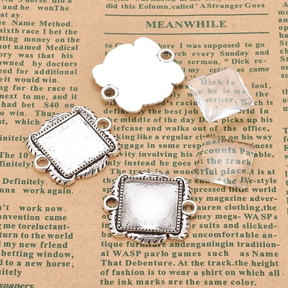 Tibetan Style Alloy Cabochon Connector Setting, Square, with Clear Glass Cabochons