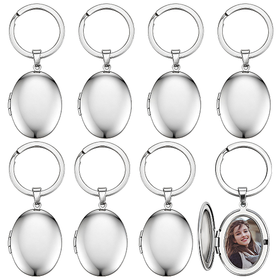 Porte-clés médaillon photo en acier inoxydable, ovale, avec porte-clés fendu