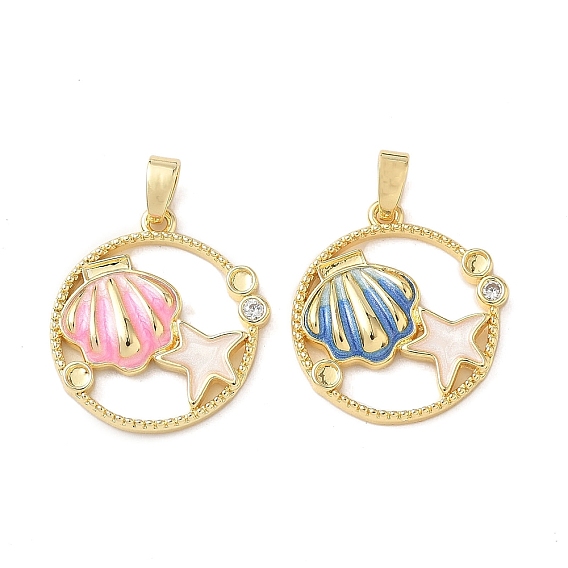 Плоская круглая подвеска в форме ракушки с микропаве из латуни с прозрачными кубическими цирконами, оправа для кабошонов, с эмалью, реальный 18 k позолоченный