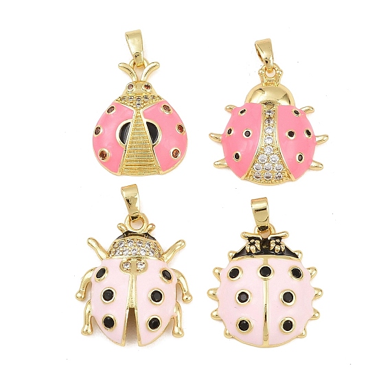 Brass Micro Pave Cubic Zirconia Pendants, with Enamel, Ladybird Charms, Real 18K Gold Plated